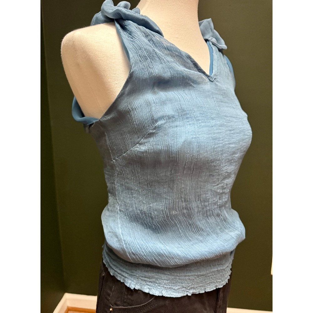 Elena Solano Blue Sleeveless Ruffle Neck Smocked Waist Blouse Women's Size S - Picture 4 of 8